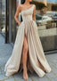 A-line One-Shoulder Sleeveless Long/Floor-Length Satin Prom Dresses With Ruffles Split