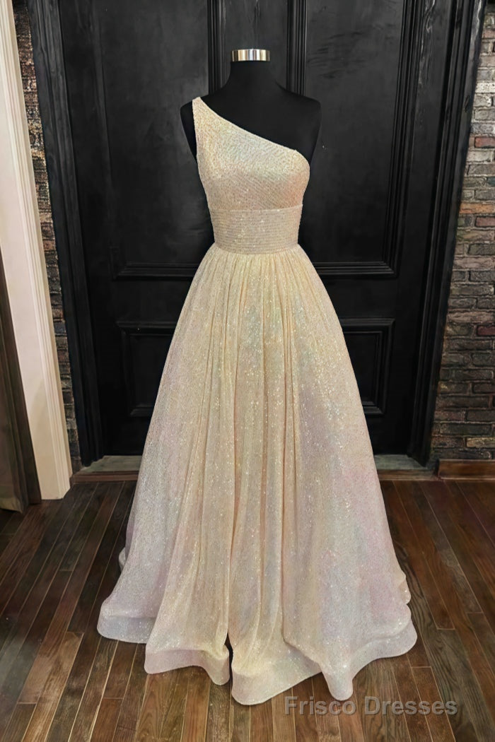 A-line One-Shoulder Sleeveless Long/Floor-Length Sequined Prom Dresses With Pockets