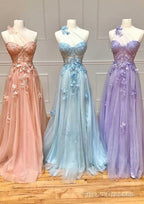 A-line One-Shoulder Sleeveless Long/Floor-Length Tulle Prom Dresses with Appliqued Split