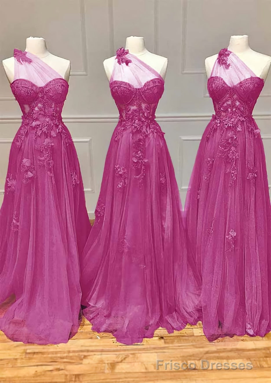 A-line One-Shoulder Sleeveless Long/Floor-Length Tulle Prom Dresses with Appliqued Split