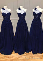 A-line One-Shoulder Sleeveless Long/Floor-Length Tulle Prom Dresses with Appliqued Split