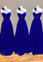 A-line One-Shoulder Sleeveless Long/Floor-Length Tulle Prom Dresses with Appliqued Split