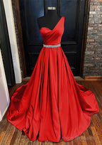 A-line One-Shoulder Sleeveless Satin Long/Floor-Length Prom Dresses With Beading Pleated