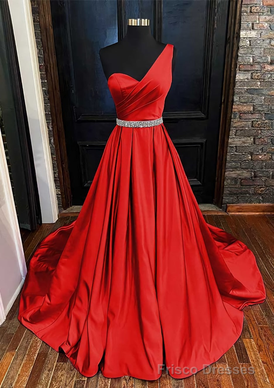 A-line One-Shoulder Sleeveless Satin Long/Floor-Length Prom Dresses With Beading Pleated