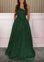 A-line One-Shoulder Sleeveless Sweep Train Sequined Prom Dresses with Pockets