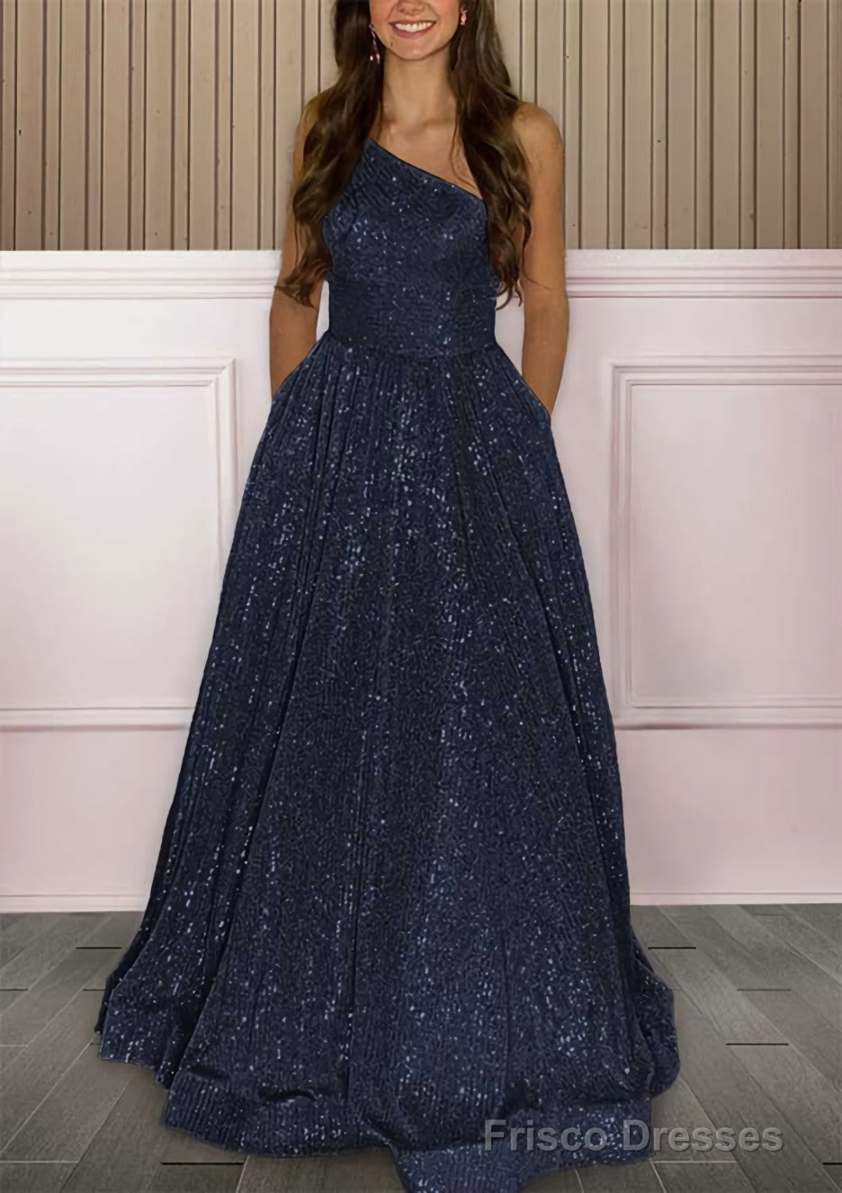 A-line One-Shoulder Sleeveless Sweep Train Sequined Prom Dresses with Pockets
