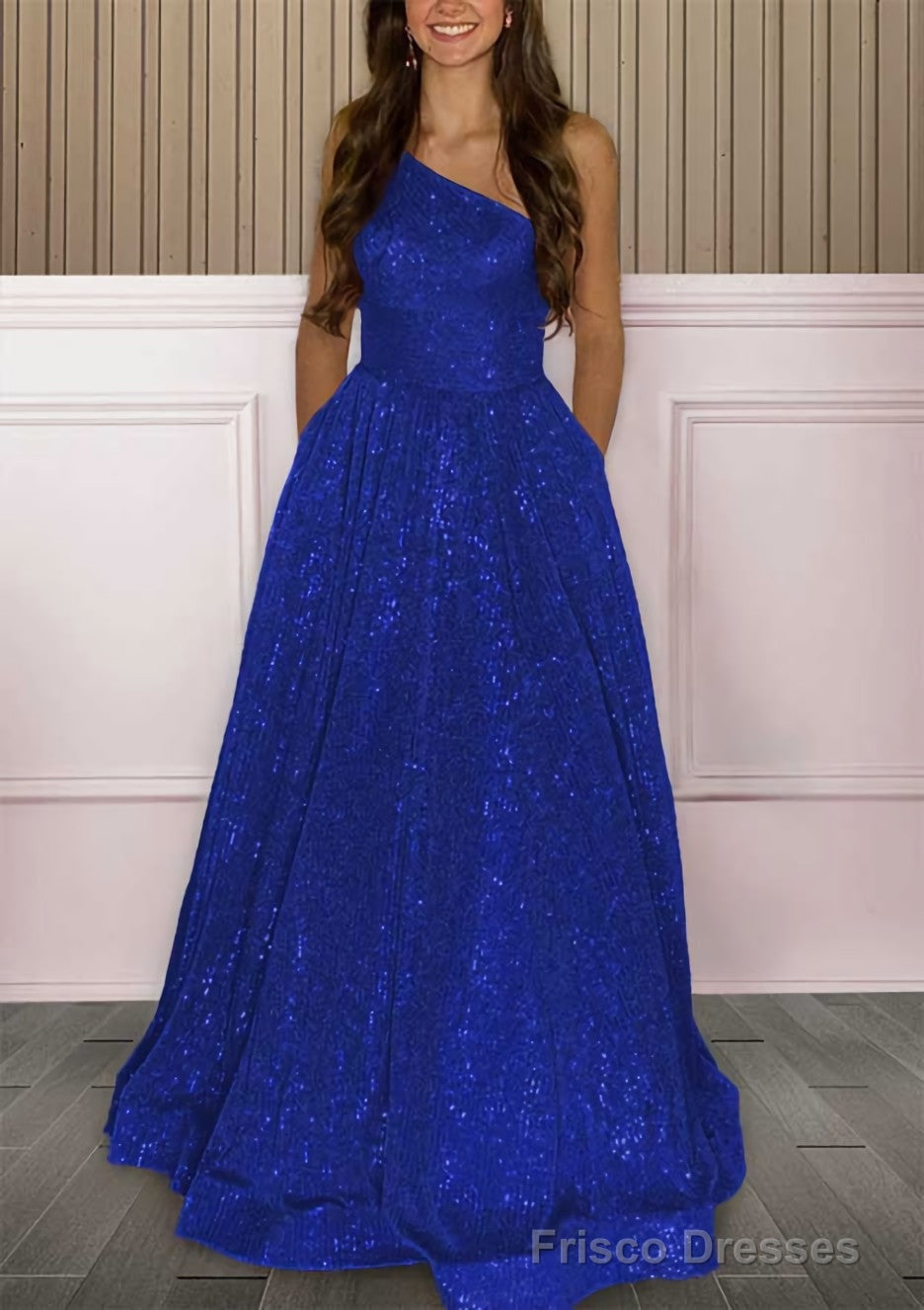 A-line One-Shoulder Sleeveless Sweep Train Sequined Prom Dresses with Pockets