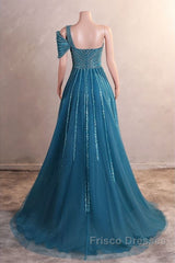 A-Line One Shoulder Tulle Beaded Long Formal Prom Dress Elegant Evening Gown