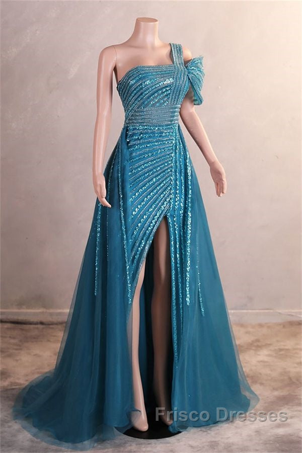 A-Line One Shoulder Tulle Beaded Long Formal Prom Dress Elegant Evening Gown