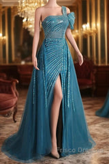 A-Line One Shoulder Tulle Beaded Long Formal Prom Dress Elegant Evening Gown