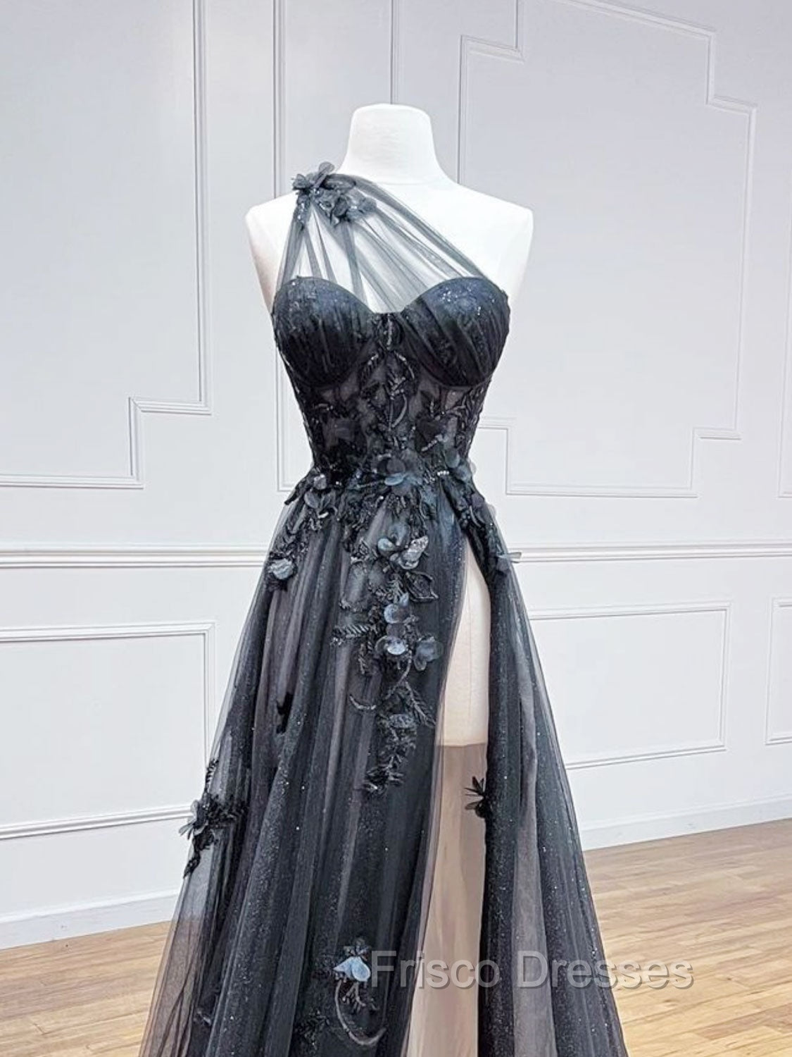 A-Line One Shoulder Tulle Black Long Formal Prom Dress, Black Formal Evening Dress Secondary image