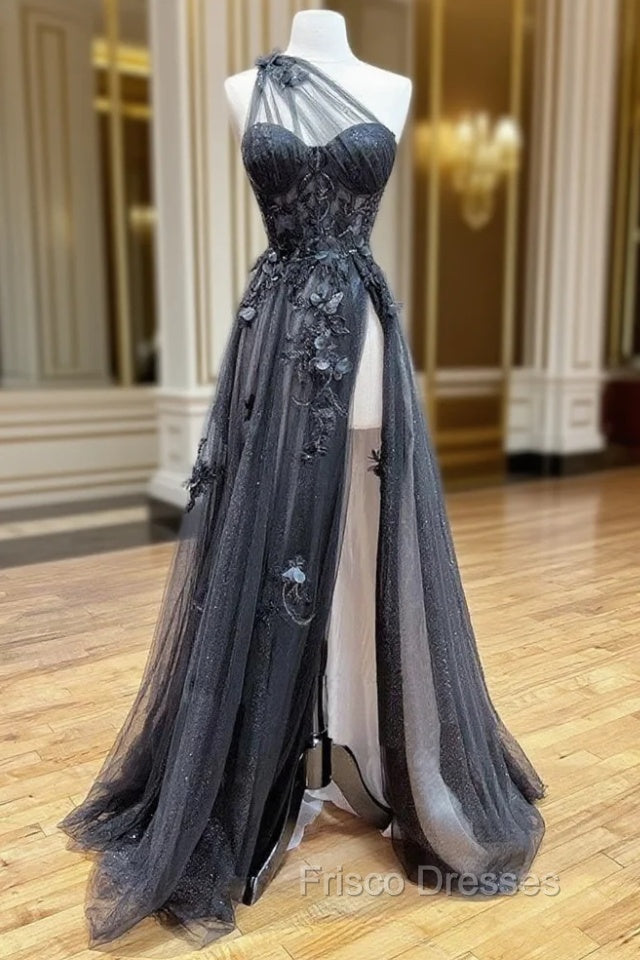 A-Line One Shoulder Tulle Black Long Formal Prom Dress, Black Formal Evening Dress