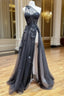 A-Line One Shoulder Tulle Black Long Formal Prom Dress, Black Formal Evening Dress