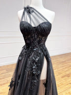 A-Line One Shoulder Tulle Lace Black Prom Dress, Black Long Evening Dress