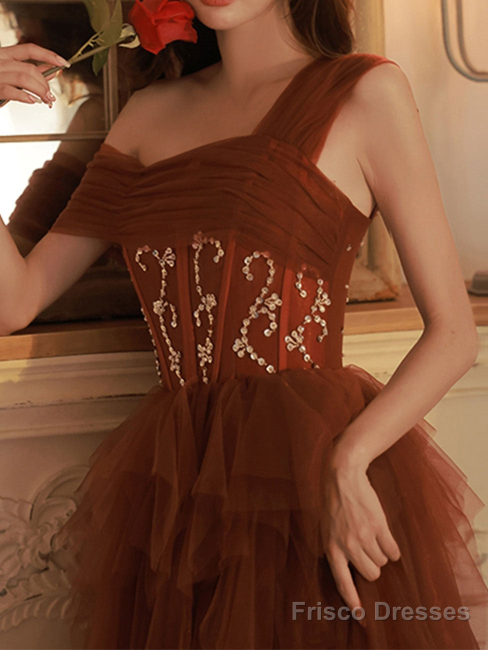 A Line One Shoulder Tulle Long Burgundy Prom Dresses, Burgundy Formal Graduation Dress With Sequin Beading Secondary image