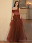 A Line One Shoulder Tulle Long Burgundy Prom Dresses, Burgundy Formal Graduation Dress With Sequin Beading