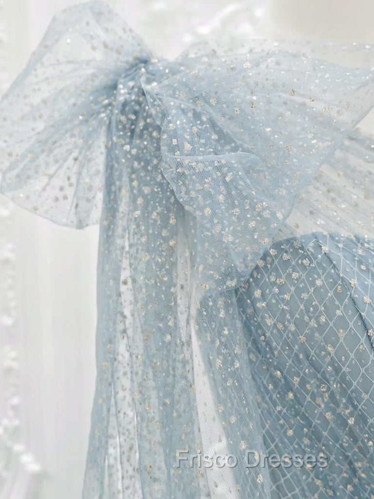 A-Line One Shoulder Tulle Sequin Gray Blue Long Formal Prom Dress, Sequin Long Formal Dress Secondary image