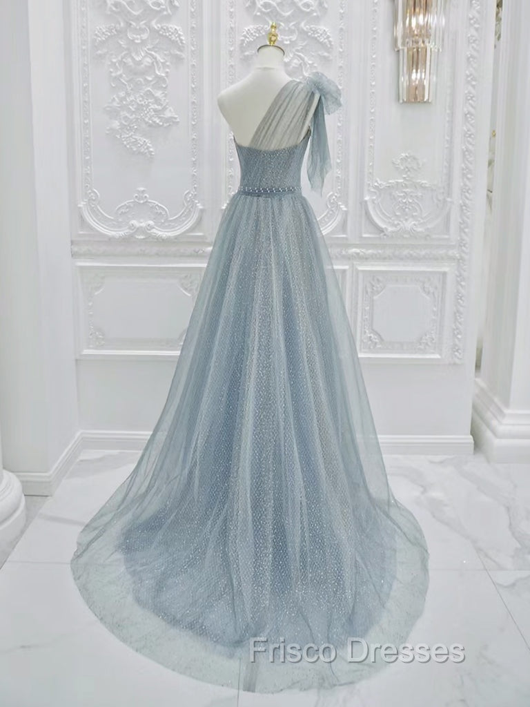 A-Line One Shoulder Tulle Sequin Gray Blue Long Formal Prom Dress, Sequin Long Formal Dress