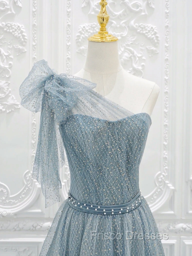 A-Line One Shoulder Tulle Sequin Gray Blue Long Formal Prom Dress, Sequin Long Formal Dress