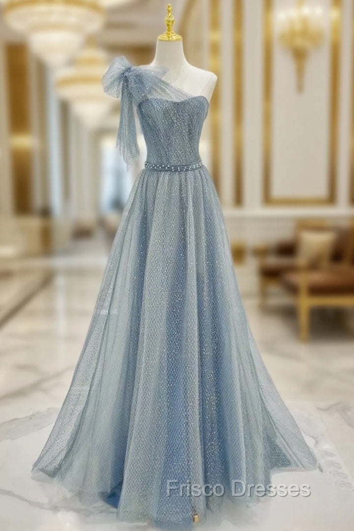 A-Line One Shoulder Tulle Sequin Gray Blue Long Formal Prom Dress, Sequin Long Formal Dress Main image