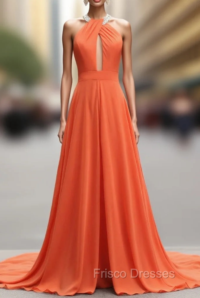A-Line Orange Chiffon Halter Cut Out Backless Formal Prom Dress