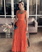A-Line Orange Modest Formal Long Women Evening Prom Dresses