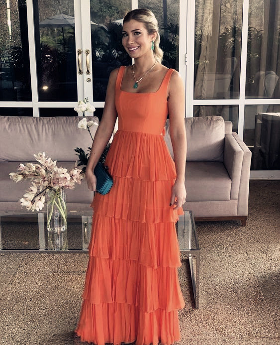 A-Line Orange Modest Formal Long Women Evening Prom Dresses