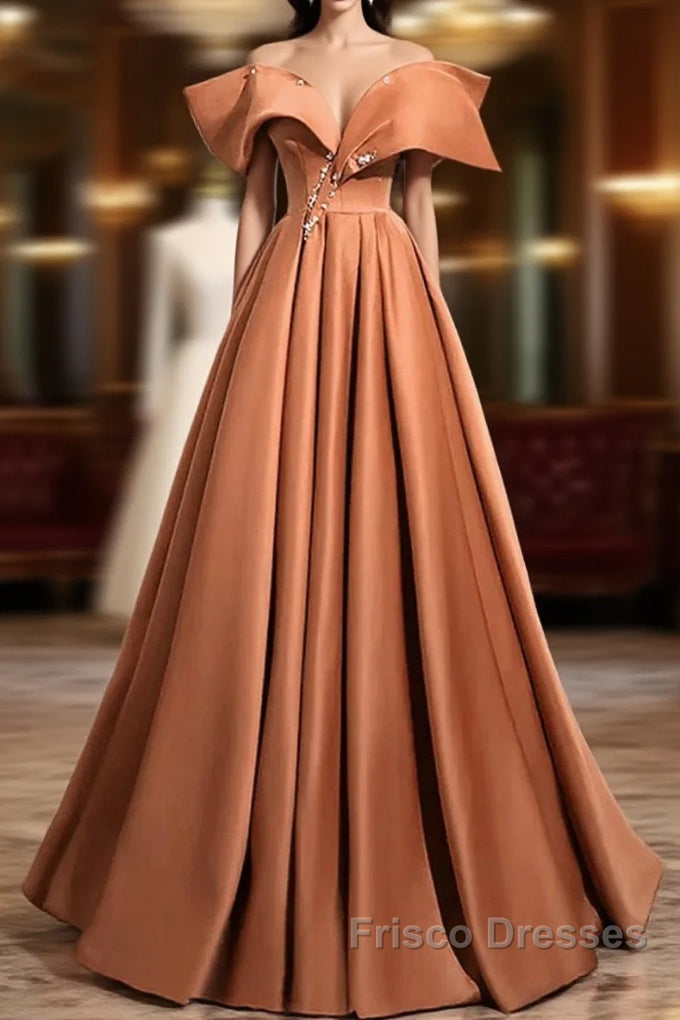 A-Line Orange Satin Beaded Sweetheart Formal Prom Dress, Orange Long Evening Dress Main image