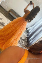 A-line Orange V-Neck Tulle Long Prom Dress