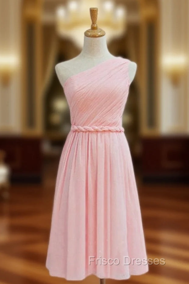 A-Line Pink Chiffon One Shoulder Pleats Short Bridesmaid Dress