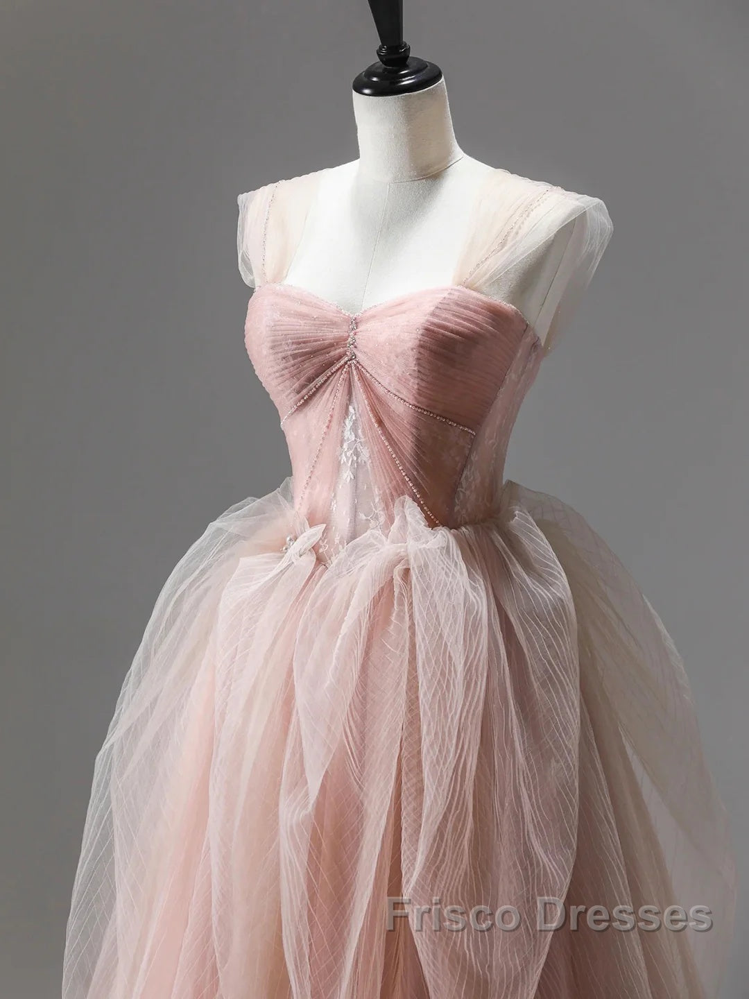 A Line Pink Corset Long Tulle Formal Prom Dress With Ruffles