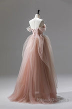 A Line Pink Corset Long Tulle Formal Prom Dress With Ruffles