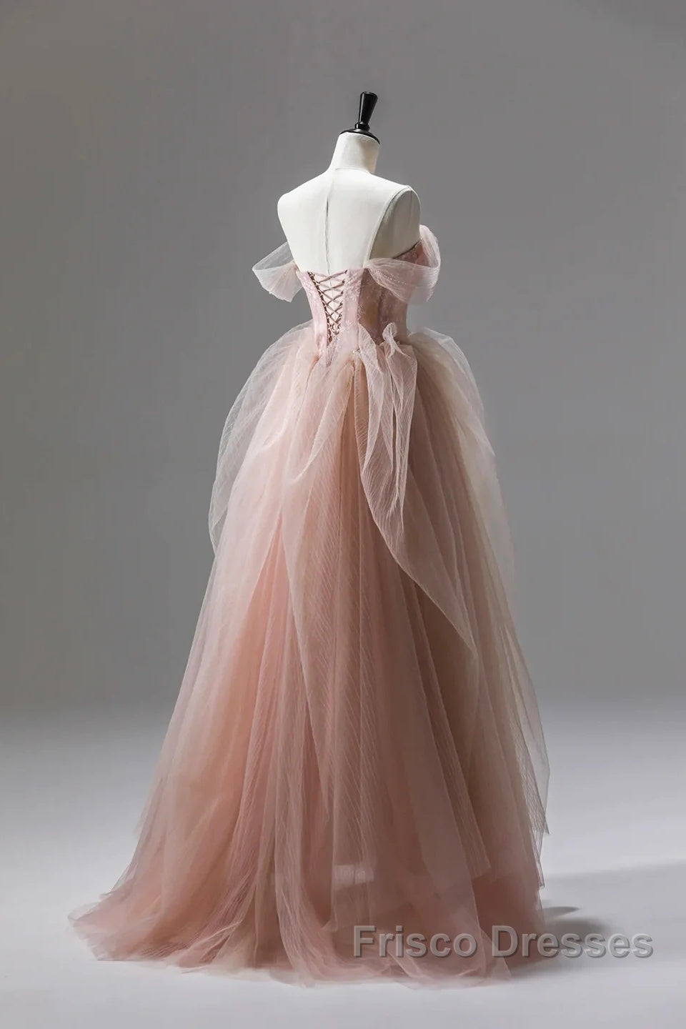 A Line Pink Corset Long Tulle Formal Prom Dress With Ruffles