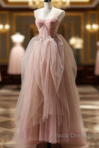 A Line Pink Corset Long Tulle Formal Prom Dress With Ruffles