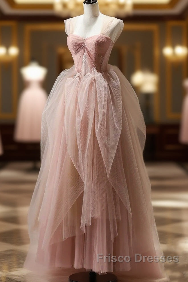 A Line Pink Corset Long Tulle Formal Prom Dress With Ruffles