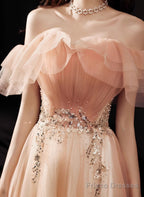A-Line Pink Floor Length Party Dress Prom Dress, Pink Off Shoulder Formal Dress