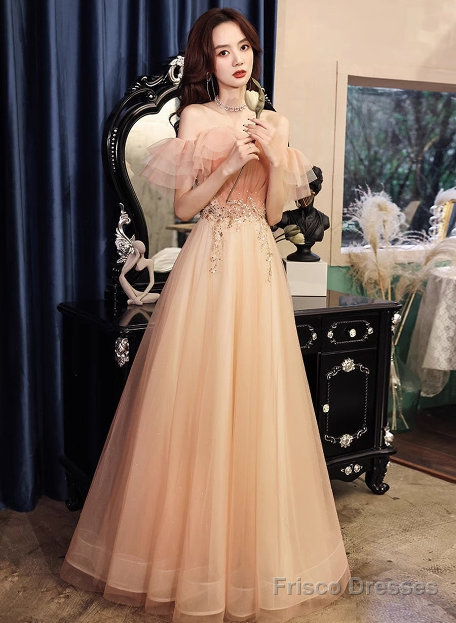 A-Line Pink Floor Length Party Dress Prom Dress, Pink Off Shoulder Formal Dress Main image