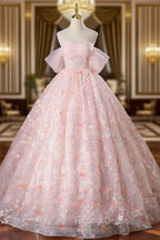 A-Line Pink Flowers Tulle Long Princess Dress, Off the Shoulder Formal Evening Dress