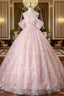 A-Line Pink Flowers Tulle Long Princess Dress, Off the Shoulder Formal Evening Dress