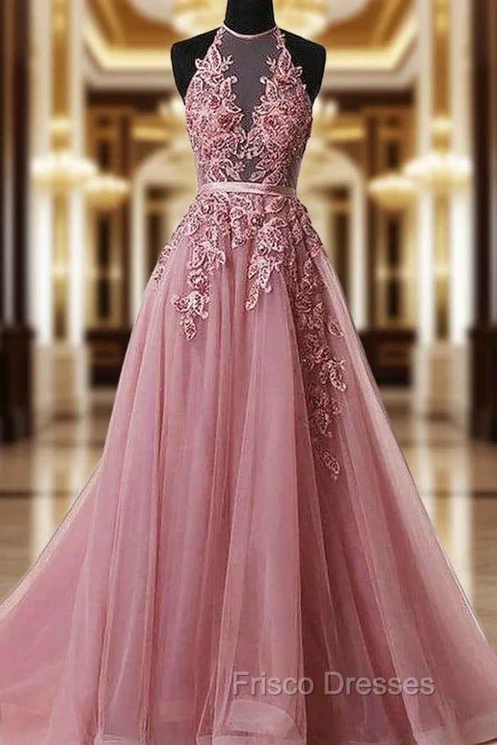 A-Line Pink Halter Sleeveless Applique Tulle Formal Prom Dress