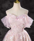 A-Line Pink Lace And Tulle Sweetheart Party Dress, Pink Tulle Prom Dress