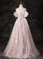 A-Line Pink Lace And Tulle Sweetheart Party Dress, Pink Tulle Prom Dress