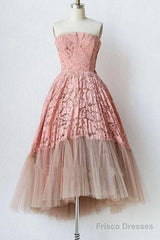 A Line Pink Lace Strapless Sleeveless Short Tulle Homecoming Dresses