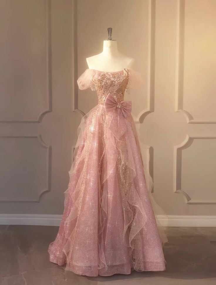 A Line Pink Long Party Dress Glam Prom Dress Formal Gown
