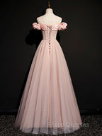 A line Pink Long Formal Prom Dress, Pink Tulle Formal Graduation Dress With Beading