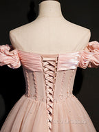 A line Pink Long Formal Prom Dress, Pink Tulle Formal Graduation Dress With Beading