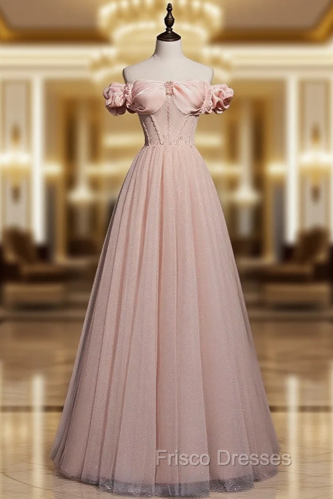 A line Pink Long Formal Prom Dress, Pink Tulle Formal Graduation Dress With Beading Main image