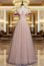 A line Pink Long Formal Prom Dress, Pink Tulle Formal Graduation Dress With Beading