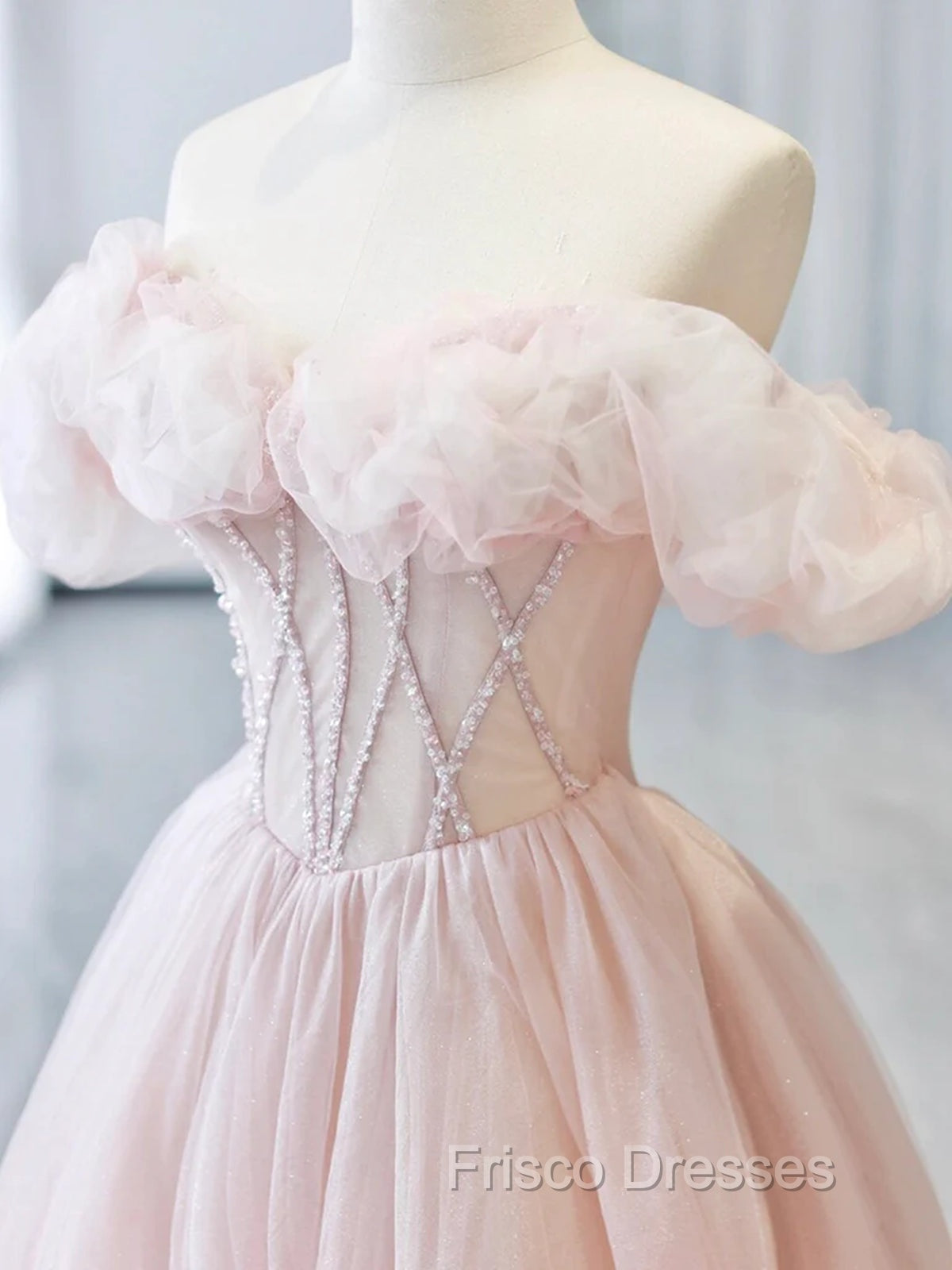 A-line Pink Off Shoulder Beaded Sweetheart Party Dress, Pink Tulle Formal Prom Dress Secondary image