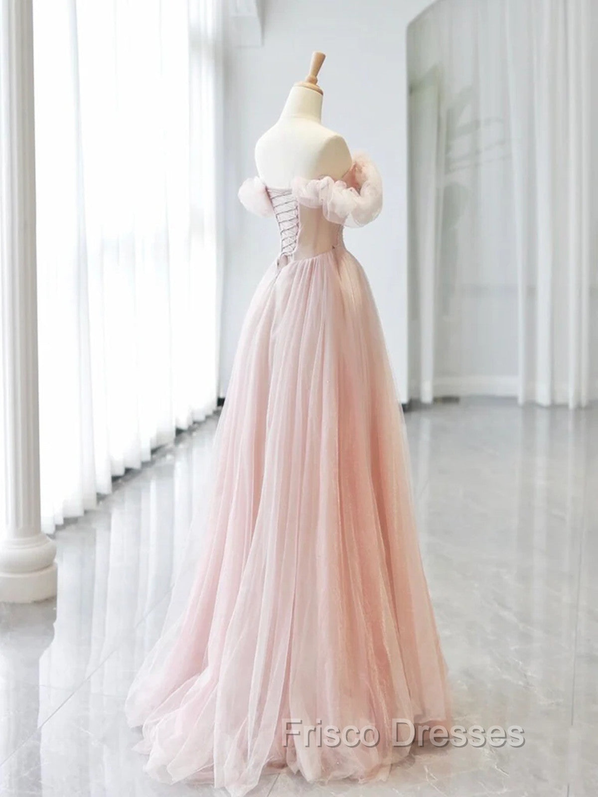 A-line Pink Off Shoulder Beaded Sweetheart Party Dress, Pink Tulle Formal Prom Dress